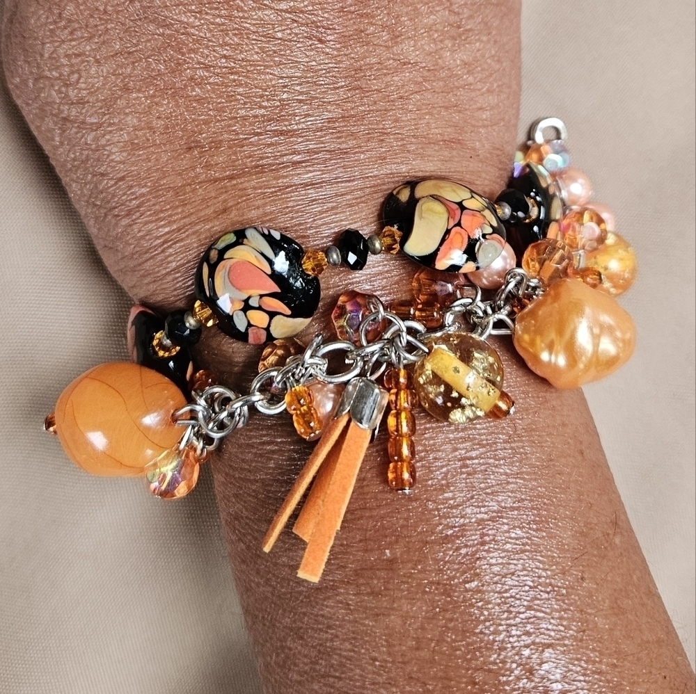 Orange Duo Agate and Bead Statement Bracelets